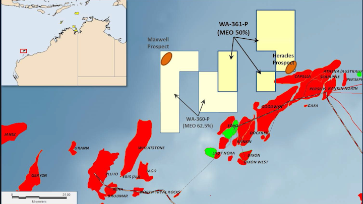 WA-361-P Location Map showing adjacent fields and the MEO operated WA-360-P exploration Permit