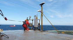 A Fugro engineer installs an enhanced monitoring system to the Ocean Guardian's existing helideck system. A Fugro engineer installs an enhanced monitoring system to the Ocean Guardian's existing helideck system.