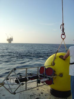 This buoy contains a Teledyne RD Instruments Workhorse Long Ranger ADCP. Photo courtesy of BMT Group.
