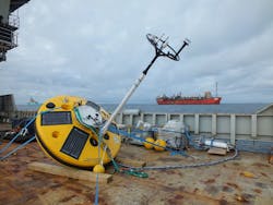 Onboard the Fugro Symphony, a Wavescan buoy is ready for deployment in the North Sea.