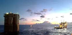 The Red Hawk spar is towed to a reefing site.