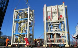 Two multiphase compressor units at the OneSubsea facility in Horsøy, Norway. Two multiphase compressor units at the OneSubsea facility in Horsøy, Norway.