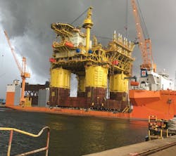 Load-out of the 27,500-ton Malikai TLP