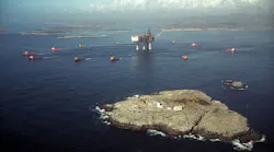 Gullfaks C on its way to the field in 1989. (Courtesy Leif Berge/Statoil)