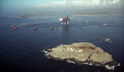 Gullfaks C on its way to the field in 1989. (Courtesy Leif Berge/Statoil)