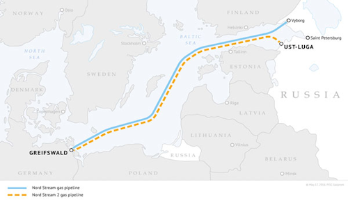 Nord Stream 2 gas pipeline route in the Baltic Sea