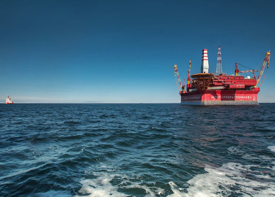 Prirazlomnaya platform at the Prirazlomnoye oil field offshore northern Russia