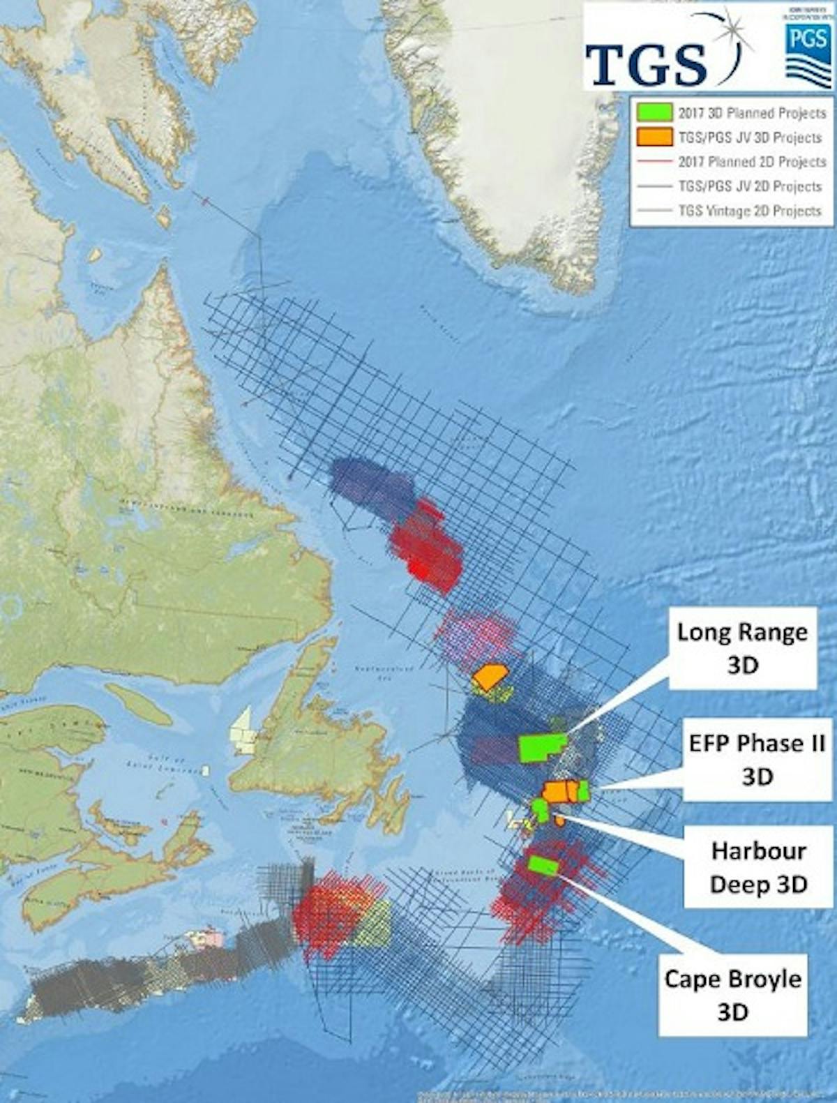 TGS and PGS 3D seismic surveys offshore Newfoundland