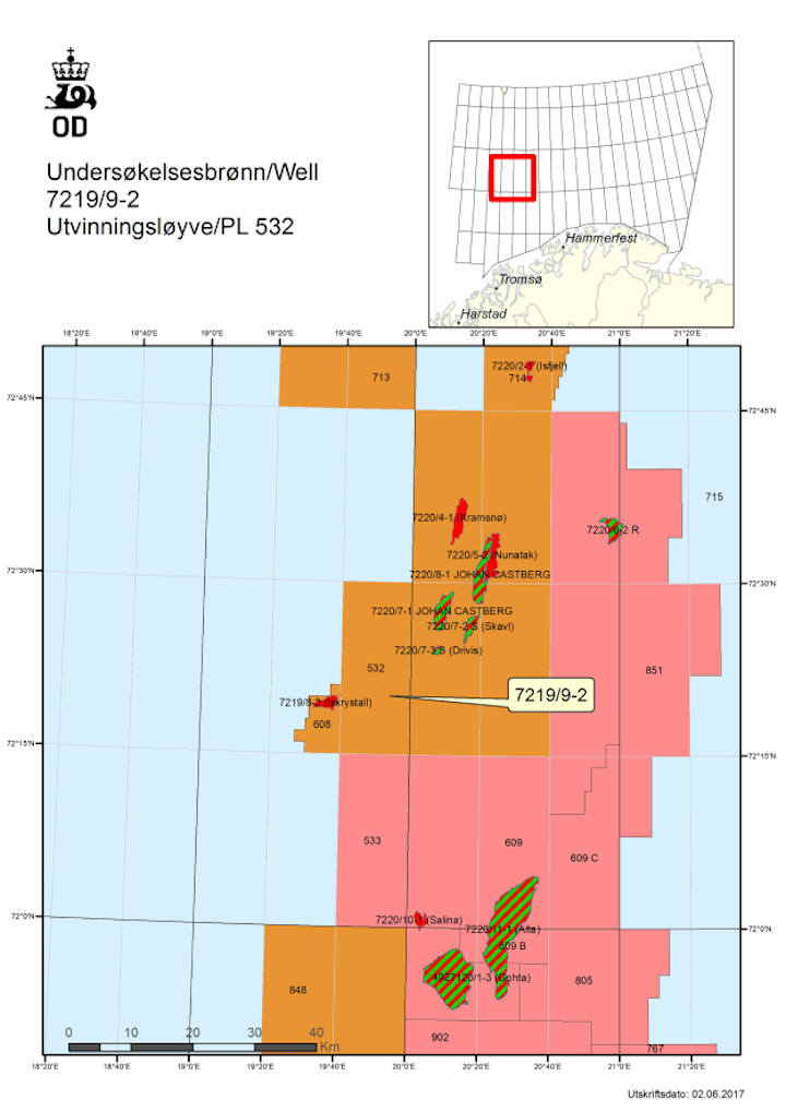 Well 7219/9-2 on production license 532 in the Barents Sea