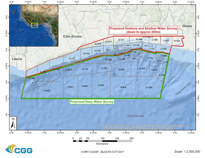 The proposed phases of the airborne multi-client program offshore Côte d’Ivoire