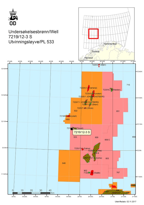 Well 7219/12-3 S in production license 533 in the Barents Sea