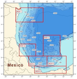 Location of AOI 1 and other areas proposed in CGG&rsquo;s multi-client airborne GravMag program offshore Mexico.