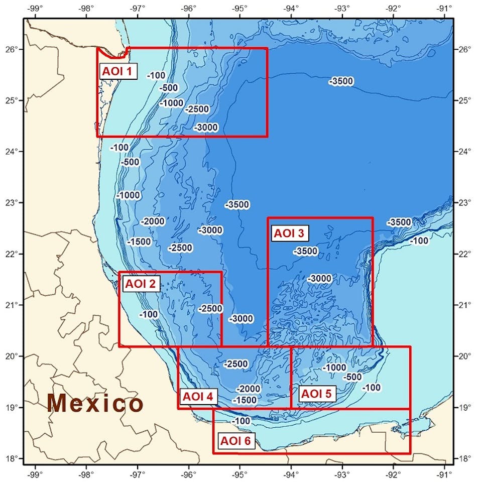Location of AOI 1 and other areas proposed in CGG&rsquo;s multi-client airborne GravMag program offshore Mexico.