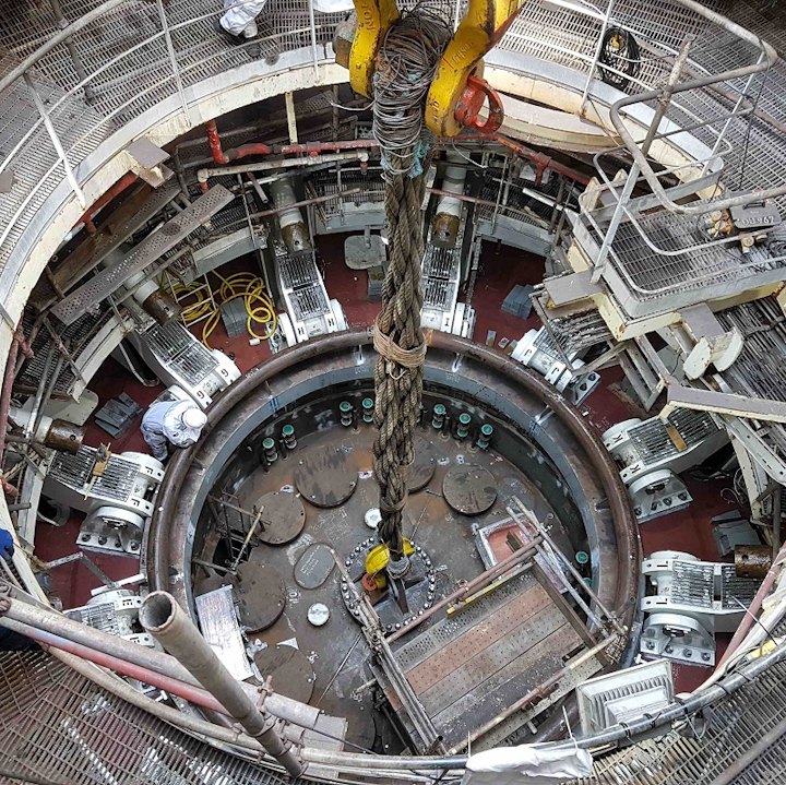 Buoy cone inside turret during “dry” trial fit at Drydocks World in Dubai