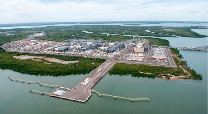 Aerial view of the onshore gas liquefaction plant for the Ichthys project