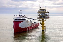 Ampelmann’s A-type Enhanced Performance gangway system deployed from the Kasteelborg Ampelmann’s A-type Enhanced Performance gangway system deployed from the Kasteelborg