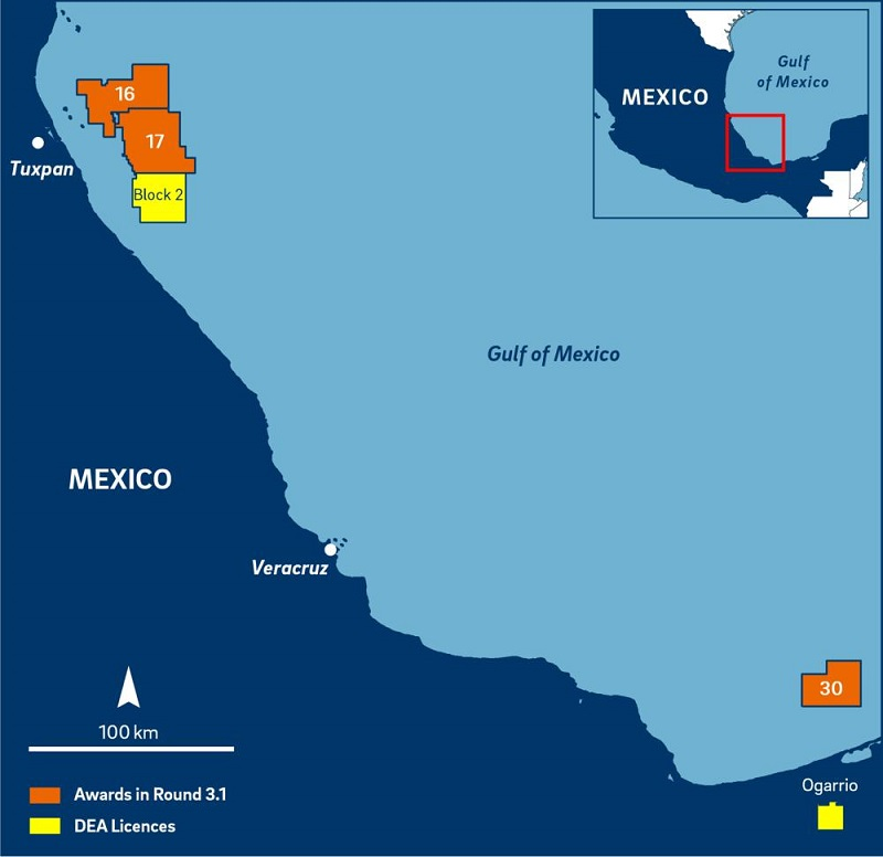 Blocks 16, 17, and 30 in the Mexican sector of the Gulf of Mexico
