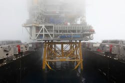 The Pioneering Spirit moving away from the Johan Sverdrup drilling platform offshore Norway