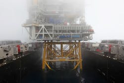 The Pioneering Spirit moving away from the Johan Sverdrup drilling platform offshore Norway The Pioneering Spirit moving away from the Johan Sverdrup drilling platform offshore Norway