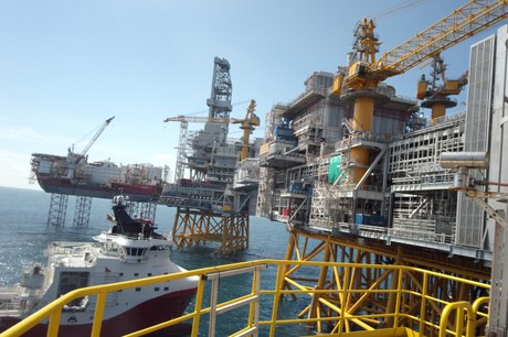 Hookup of the drilling platform at the Johan Sverdrup field offshore Norway