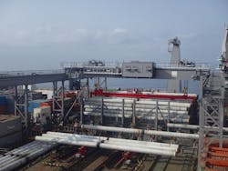 Pipe loading crane on the Pioneering Spirit Pipe loading crane on the Pioneering Spirit