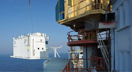 Dalmatian pump control building being lifted onto the Petronius platform.
