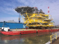 Load-out of the 2,500-metric ton (2,756-ton) topsides for the Deutsche Bucht Offshore substation. Load-out of the 2,500-metric ton (2,756-ton) topsides for the Deutsche Bucht Offshore substation.