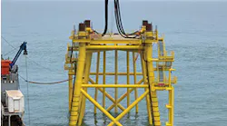 Installation this March of the 1,500-metric ton (1,653-ton) jacket for the Deutsche Bucht Offshore substation, 100 km (62 mi) offshore northern Germany.