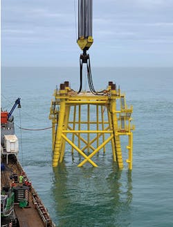 Installation this March of the 1,500-metric ton (1,653-ton) jacket for the Deutsche Bucht Offshore substation, 100 km (62 mi) offshore northern Germany. Installation this March of the 1,500-metric ton (1,653-ton) jacket for the Deutsche Bucht Offshore substation, 100 km (62 mi) offshore northern Germany.