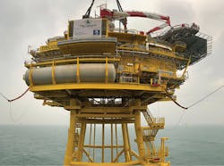 Installation of the topsides for the Deutsche Bucht Offshore substation. Installation of the topsides for the Deutsche Bucht Offshore substation.