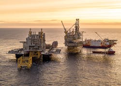 The Pioneering Spirit installing the topsides for the processing platform at the Johan Sverdrup field center. (Courtesy Allseas/Equinor) The Pioneering Spirit installing the topsides for the processing platform at the Johan Sverdrup field center. (Courtesy Allseas/Equinor)