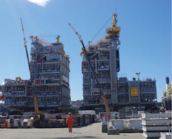 Two giant Martin Linge modules on board the Black Marlin next to the Rosenberg WorleyParsons yard.