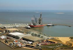 Offshore wind farm components in Great Yarmouth Outer Harbour. Offshore wind farm components in Great Yarmouth Outer Harbour.