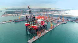 Heerema Marine Contractors' semisubmersible crane vessel Sleipnir at Tuas Boulevard Yard in Singapore.