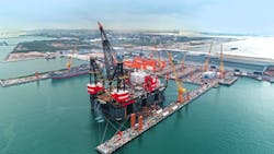 Heerema Marine Contractors&apos; semisubmersible crane vessel Sleipnir at Tuas Boulevard Yard in Singapore.
