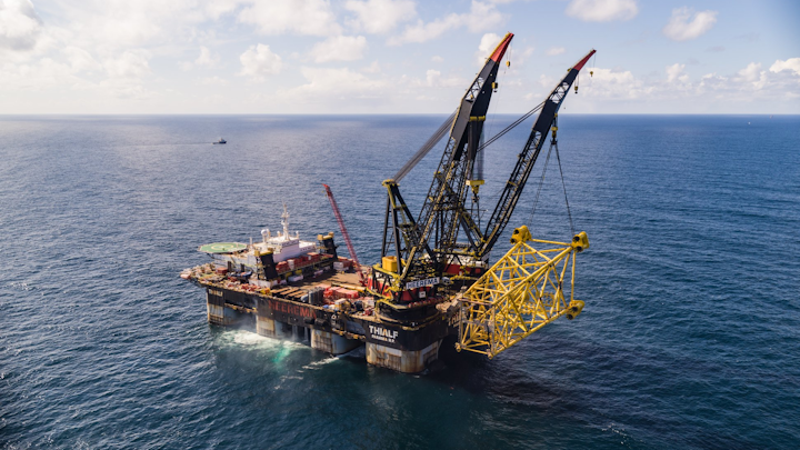 Heerema’s crane vessel Thialf installing the jacket for the Valhall Flank West platform in the southern Norwegian North Sea.