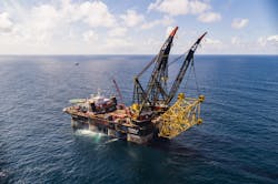 Heerema’s crane vessel Thialf installing the jacket for the Valhall Flank West platform in the southern Norwegian North Sea. Heerema’s crane vessel Thialf installing the jacket for the Valhall Flank West platform in the southern Norwegian North Sea.