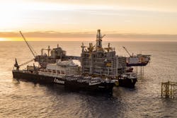 Pioneering Spirit installing the processing platform topsides at the Johan Sverdrup field offshore Norway Pioneering Spirit installing the processing platform topsides at the Johan Sverdrup field offshore Norway