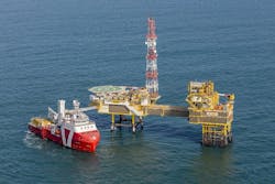 Vroon Offshore&rsquo;s walk-to-work vessel VOS Start in the Dutch North Sea