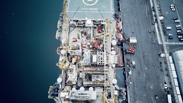 Aerial view of the SKD Jaya moored in Namibia.