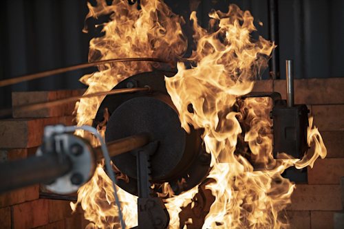 To validate integrity, the valves are exposed to a fire testing procedure that involves a 30-minute burn where they are bathed in flames. Valves are monitored for leakage throughout the process.