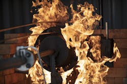 To validate integrity, the valves are exposed to a fire testing procedure that involves a 30-minute burn where they are bathed in flames. Valves are monitored for leakage throughout the process. To validate integrity, the valves are exposed to a fire testing procedure that involves a 30-minute burn where they are bathed in flames. Valves are monitored for leakage throughout the process.