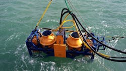 The TRS1 controlled flow excavation tool was used to perform cable de-burial and retrenching at an offshore wind farm in the North Sea. The TRS1 controlled flow excavation tool was used to perform cable de-burial and retrenching at an offshore wind farm in the North Sea.