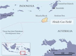 The Abadi gas field is in the Masela block in the Arafura Sea off Indonesia. The Abadi gas field is in the Masela block in the Arafura Sea off Indonesia.