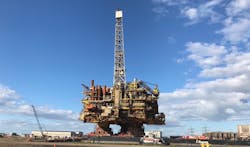 The Brent Bravo platform topsides at Able Seaton Port in Teesside, northeast England.