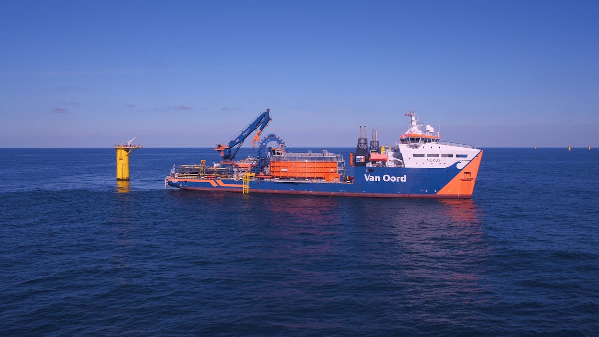 The Nexus laying inter array cables at the Deutsche Bucht offshore wind farm in the German North Sea.