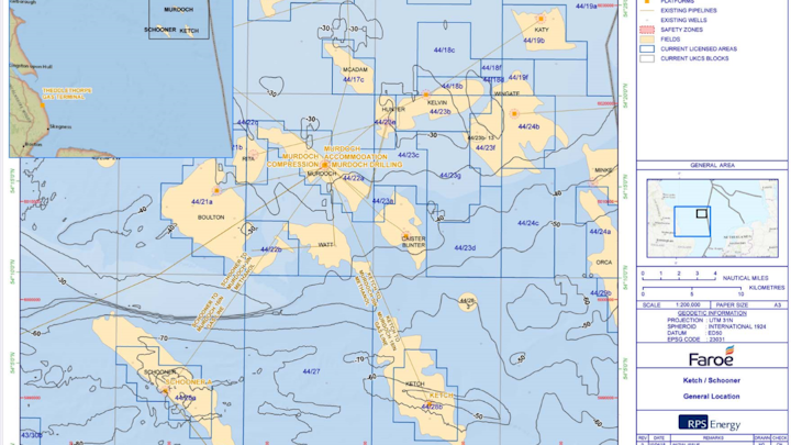 Map of the Schooner and Ketch fields in the UK southern gas basin.