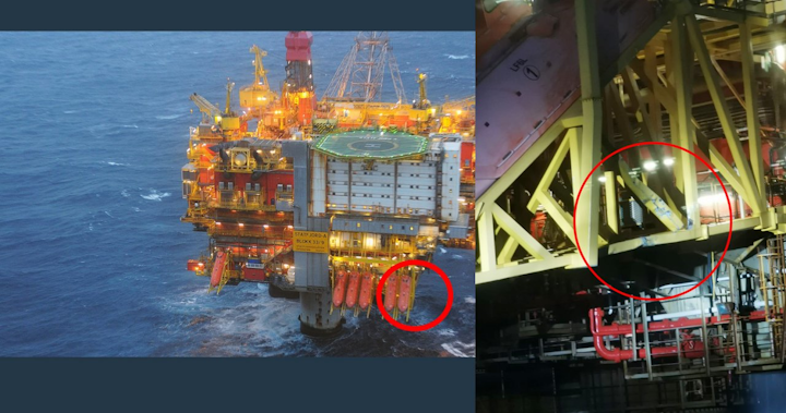 The picture shows the place where the platform supply vessel Sjøborg collided with the Statfjord A platform – and the visible damage to the hanger for the outermost of the lifeboats.