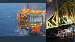 The picture shows the place where the platform supply vessel Sjøborg collided with the Statfjord A platform – and the visible damage to the hanger for the outermost of the lifeboats.