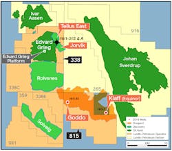 The Jorvik and Tellus East prospects in license PL338 on the Utsira High are about 4 km (2.5 mi) northeast of the Edvard Grieg platform. The Jorvik and Tellus East prospects in license PL338 on the Utsira High are about 4 km (2.5 mi) northeast of the Edvard Grieg platform.
